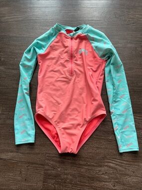 Roots Girls Coral One-Piece Rash Guard Swimsuit with Mint Sleeves